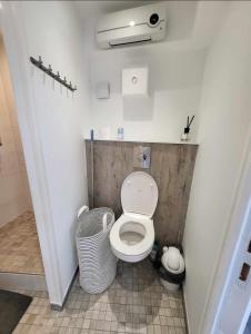 a small bathroom with a toilet and a trash can at Studio Villa Loostic in Martigues +10 photos