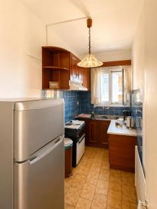 a kitchen with a stainless steel refrigerator and wooden cabinets at Asterias in Koronisía