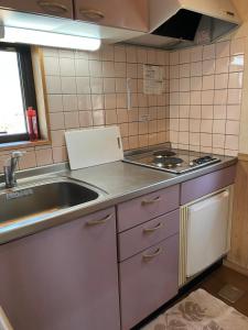 a small kitchen with a sink and a stove at Katamaeyama Forest Park Cottage TypeC in Senboku