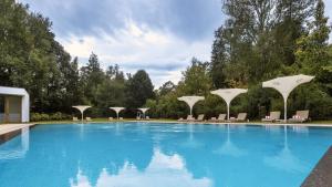 a large swimming pool with lounge chairs and trees at Pedras Salgadas Spa & Nature Park in Pedras Salgadas