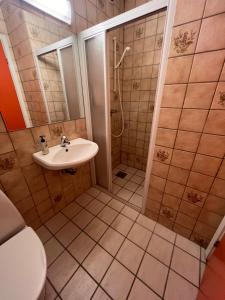 a bathroom with a shower and a sink at Hotel Margrethe in Gadbjerg