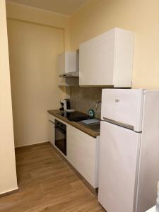 a kitchen with white cabinets and a white refrigerator at Piccola Isola in Parma