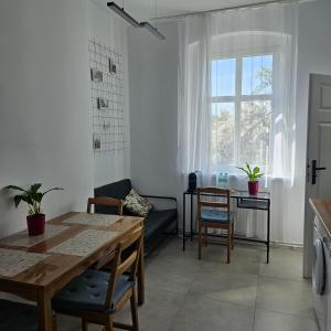 a living room with a table and a couch at Kamienica Nowodworska 30 in Bydgoszcz