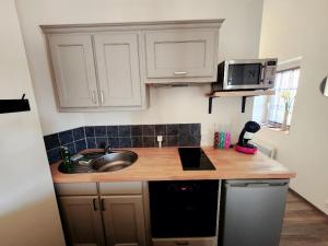 a kitchen with a sink and a microwave at Cœur de Toucy in Toucy