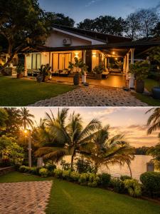 two pictures of a house with a palm tree at Samadhi Lagoon Villa in Ratgama Hegoda