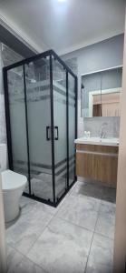 a bathroom with a shower and a toilet and a sink at Blue Amedist Hotel in Istanbul +32 photos
