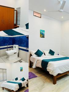 two pictures of a bedroom with two beds at CloudNine Stay in Sultan Bathery