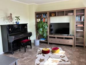 a living room with a piano and a television at Landidyll in Uelzen