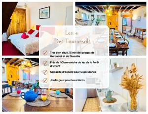 a collage of pictures of a room with a bed and a dining room at La Ferme du Croît - Proche Lacs & Observatoires in Villehardouin
