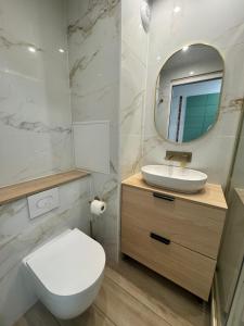 a bathroom with a toilet and a sink and a mirror at LE PALM AZUR - vue mer sur les iles de Lérins in Cannes +21 photos