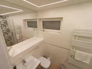a bathroom with a sink and a toilet and a mirror at Harbor Hideaway Balatonfüred in Balatonfüred +3 photos