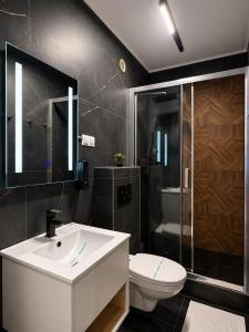a bathroom with a sink and a toilet and a shower at Pensiunea Brici Junior in Cluj-Napoca +20 photos