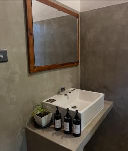 a bathroom sink with a mirror and bottles on a counter at Sand Dune Beach Hotel & Surf Camp in Arugam Bay +102 photos