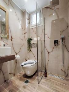 a bathroom with a toilet and a glass shower at Casa Mameli Αpartments in Kallithea Halkidikis +126 photos