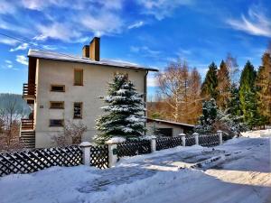 a house in the snow with a fence at Apartament pod Lawortą in Ustrzyki Dolne