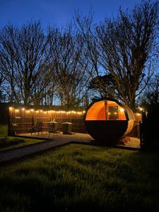 a tent sitting in the middle of a yard at night at Seaview Retreat - Sauna & Ice Bath in Clonakilty