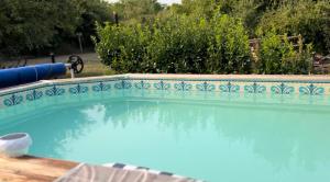 a swimming pool with a blue and white tile on it at Nana Mac Chambre D'hôtes in Limalonges