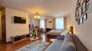 a living room with a bed and a couch at W Samiuśkim Centrum in Szczyrk +24 photos