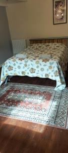 a bedroom with a bed with a rug on the floor at Les Gites Audrain in Plussulien