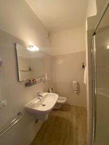 a bathroom with a sink and a toilet and a mirror at Hotel Beretta in Perledo