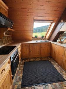 a kitchen with a sink and a window in a cabin at Ferienhaus mit 3 Apartments - Belle Apartment - Top-Lage, Sauna, HS-Card in Feldberg