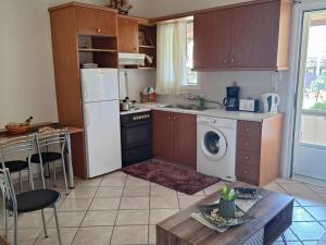 a kitchen with a white refrigerator and a table and a sink at Kerkis View House-Garden View in Karlovasi