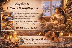 Ein Plakat für eine Winterhochzeit mit einem Paar am Kamin in der Unterkunft Hotel zum Müller in Lichtenfels