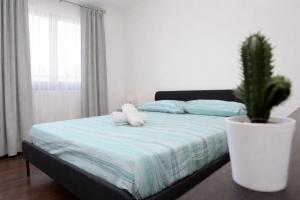 a bed with two pillows and a plant in a room at Escape Anzio- intero appartamento in Anzio