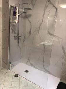 a shower with a glass door and a sink at Il Vicolo in Buti +23 photos