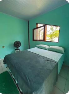 a bedroom with a bed with blue walls and a window at Chalé da jessica in Paraty