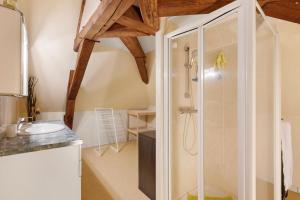 a bathroom with a shower and a sink at Gîte La Clématite in Mosnes +17 photos