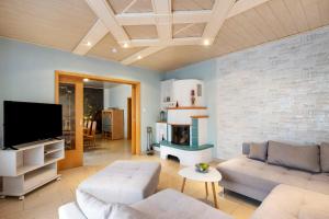 a living room with a couch and a fireplace at Familienhaus mit riesigem Garten in Arnsdorf
