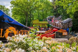 a roller coaster in a park with people on it at Boomhut Drouwenerzand in Drouwen