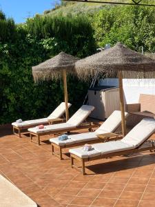 a row of lounge chairs and umbrellas on a patio at Cortijo el Sendero in Alora