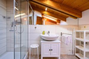 a bathroom with a sink and a shower at Haus Seewind Warnemünde in Rostock +25 photos