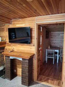 a room with a fireplace and a tv in a cabin at Дом у моря in Suurupi