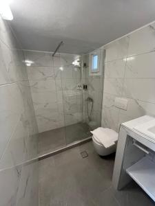 a bathroom with a shower and a toilet and a sink at Pension St.George Rooms & Studios in Perivolos