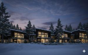 a large house in the snow at night at TAHKO LAKESIDE VILLA D 3 in Tahkovuori