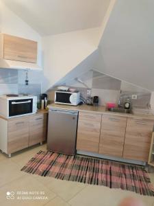 a kitchen with a sink and a microwave at Thea apartments 2 in Platamonas