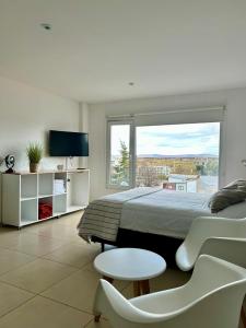 a bedroom with a large bed and a large window at Penguins Flats 3 in Ushuaia