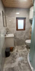 a bathroom with a sink and a toilet at Bieszczadzkie domki z widokiem 793-903-243 in Bukowiec
