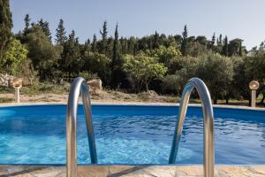 a swimming pool with blue water and metal rails at Green Oak Villa in Orthoniaí