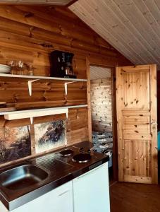a kitchen with a sink and a stove in a cabin at Cabin at the Gate to Österlen in Degeberga