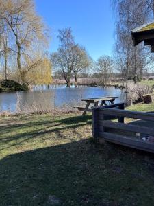 a picnic table in front of a lake at Cabin at the Gate to Österlen in Degeberga +6 photos