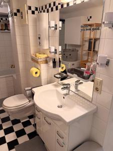 a bathroom with a sink and a toilet and a mirror at Cute, Quiet and Central - Self Check In in Bad Ischl +42 photos