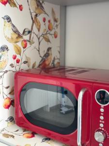 a red microwave sitting on top of a counter at Bibione Beach Home in Bibione