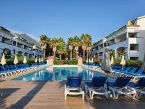 a resort with chairs and a swimming pool with palm trees at T2 les pieds dans l eau avec piscine in San-Nicolao