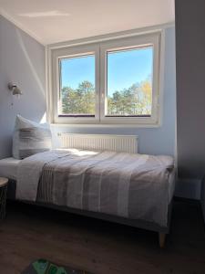 a bedroom with a bed and two windows at Ferienhaus Pirat Störtebeker Dangast in Dangast