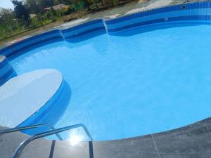 a blue swimming pool with a surfboard in it at The Infinity Pench Resort in Khawāsa