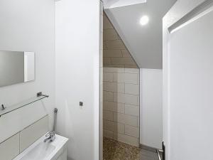 a white bathroom with a sink and a shower at Le Petit Curie in Gien